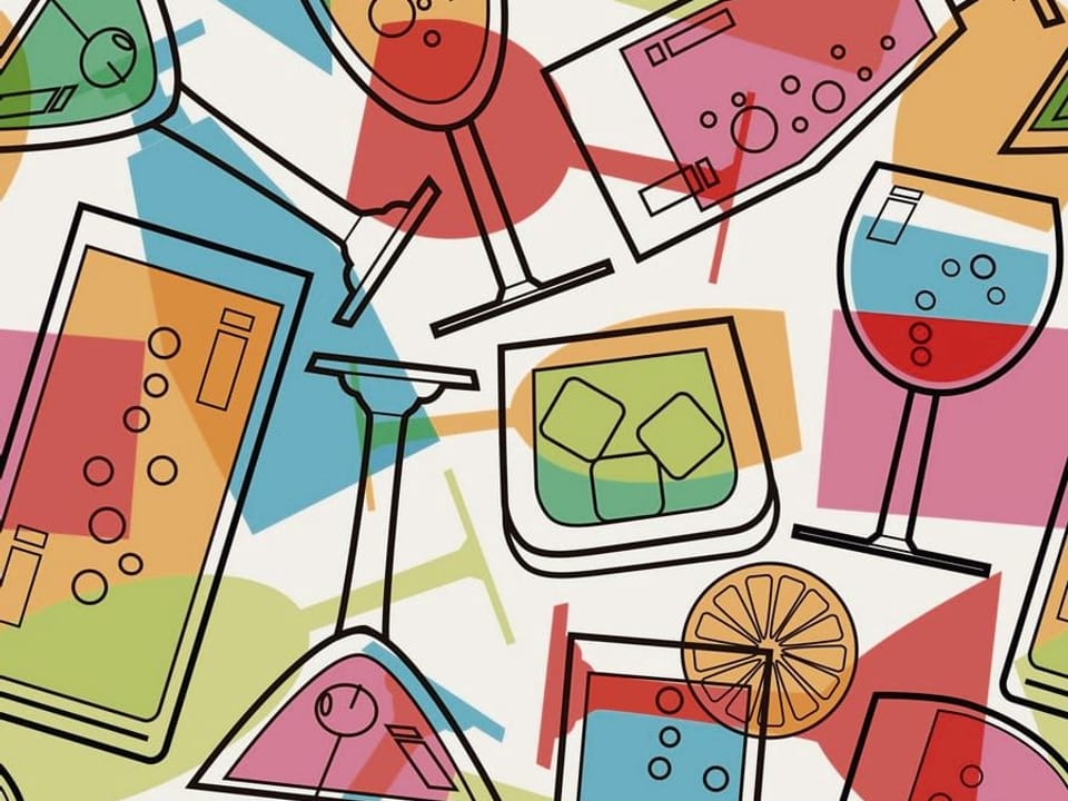 Fototapeta Kolorowe szkice kieliszków i butelek