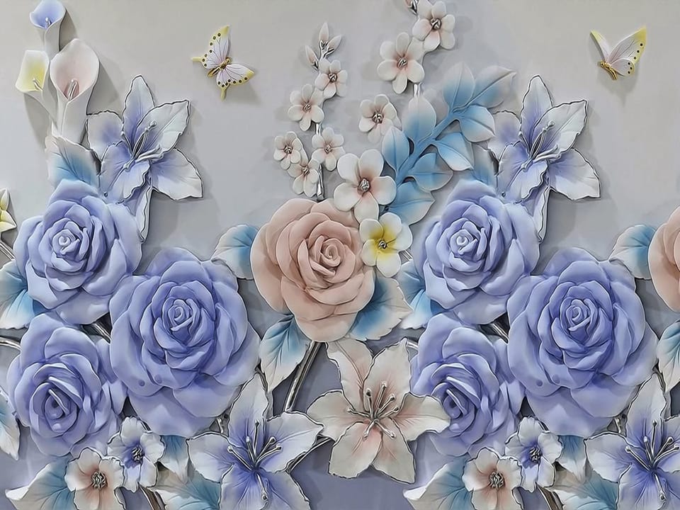 Fototapeta Pastelowe kwiaty 3D z motylami na wymiar