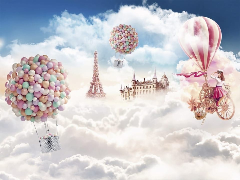 Fototapeta Balony nad chmurami z wieżą Eiffla na wymiar