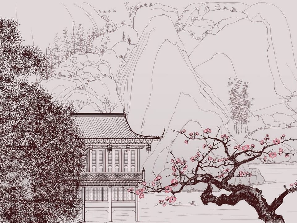 Fototapeta Tradycyjny budynek z drzewem i górami