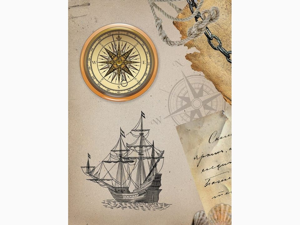 Fototapeta Kompas i Statek na Starej Mapie