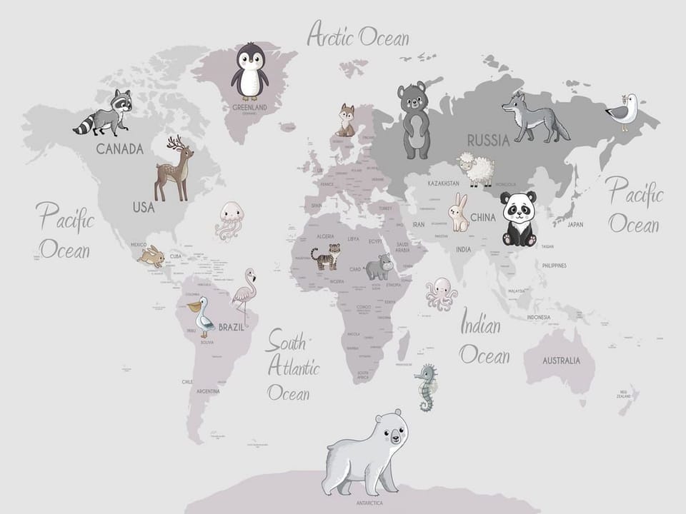 Fototapeta Mapa świata z ilustracjami zwierząt na wymiar