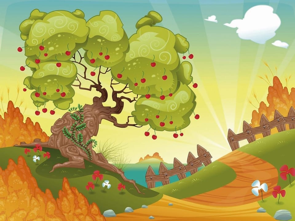 Fototapeta Drzewo z owocami i wzgórza