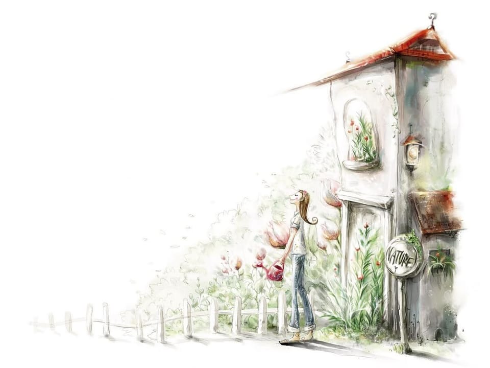 Fototapeta Kobieta z konewką w ogrodzie