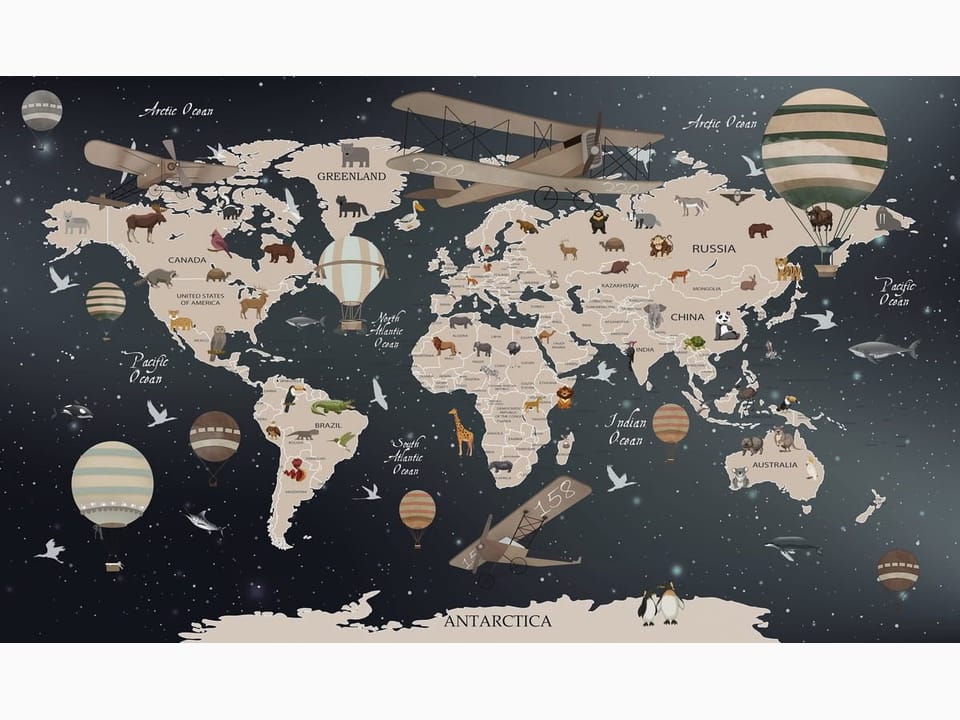 Fototapeta Mapa świata z balonami i samolotem na wymiar