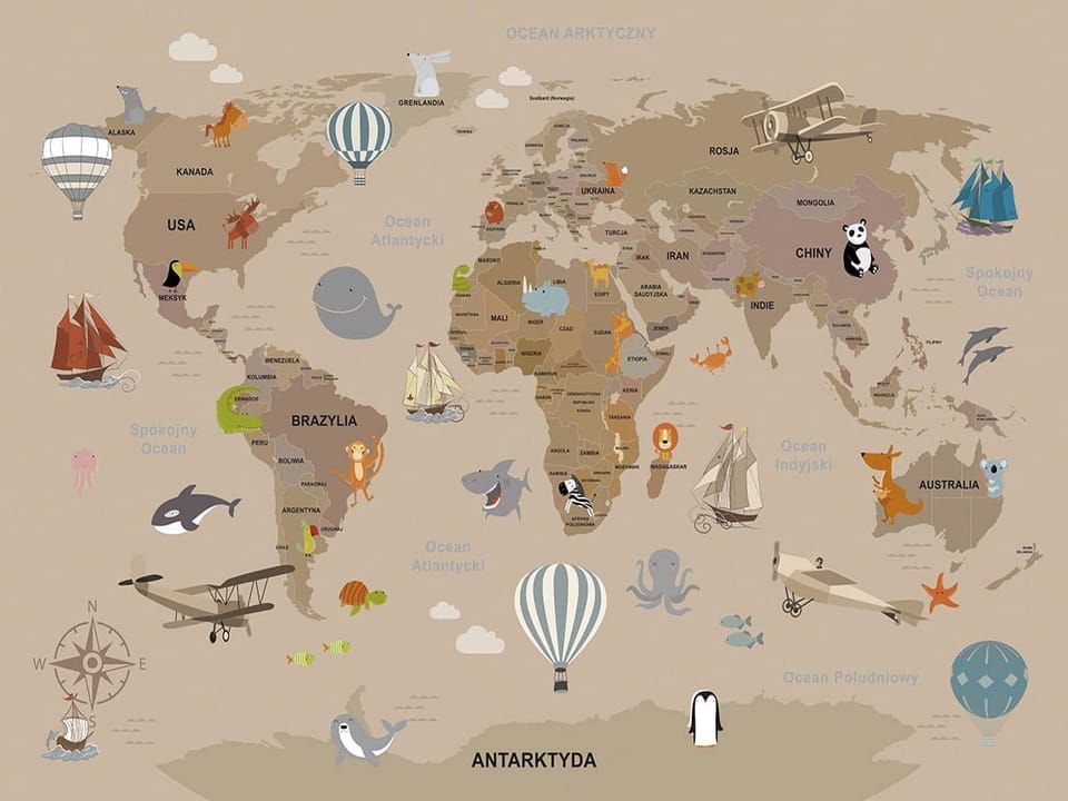 Fototapeta Mapa świata z kontynentami i zwierzętami na wymiar