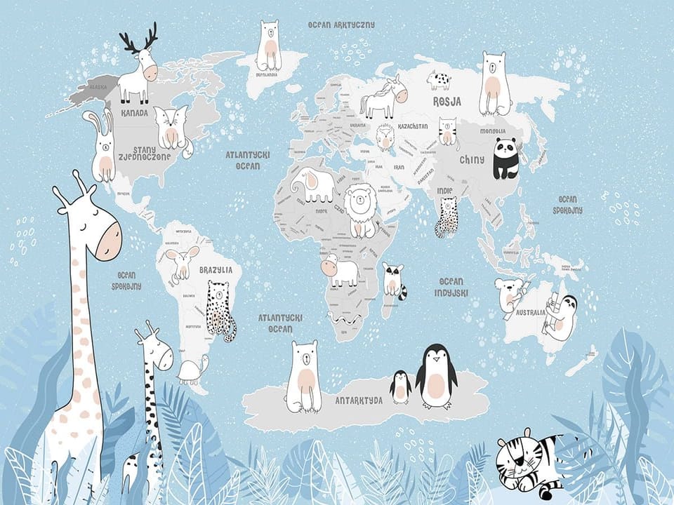 Fototapeta Mapa świata z rysunkowymi zwierzętami na wymiar