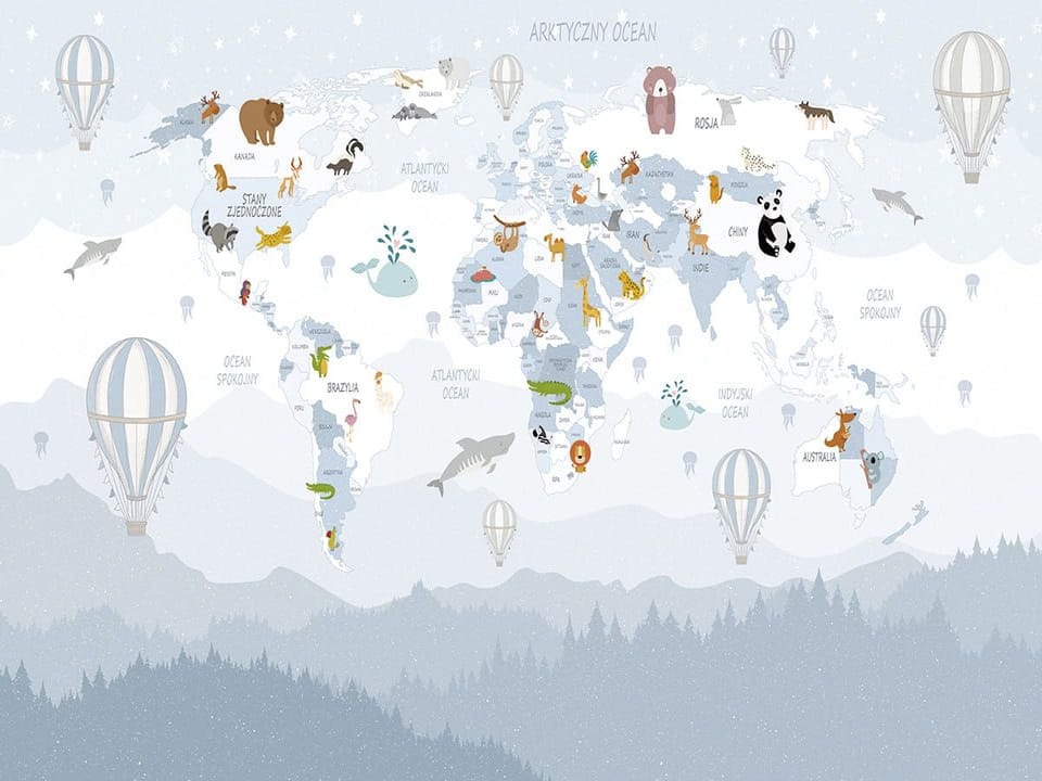 Fototapeta Ilustrowana mapa świata z balonami na wymiar