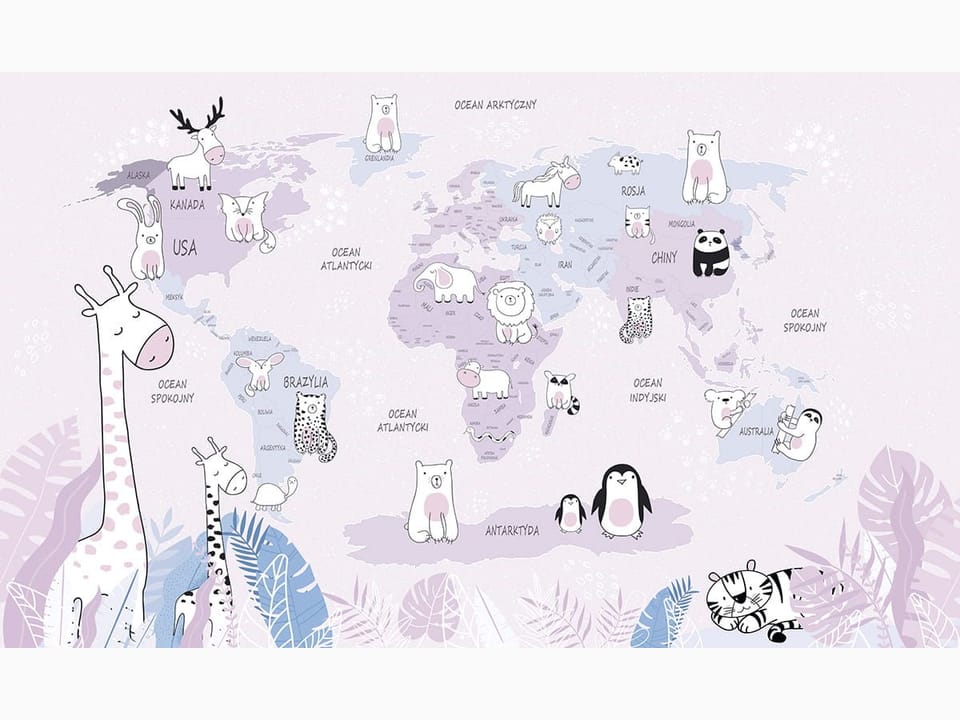 Fototapeta Mapa świata z rysunkowymi zwierzętami na wymiar