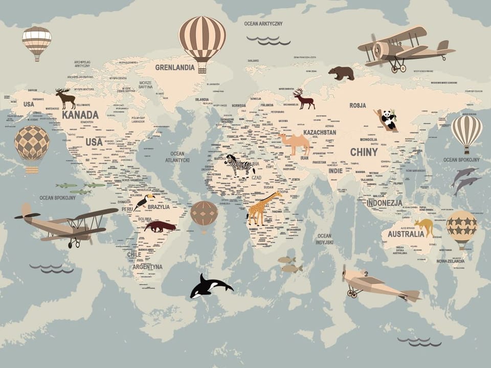 Fototapeta Mapa świata z ilustracjami zwierząt na wymiar