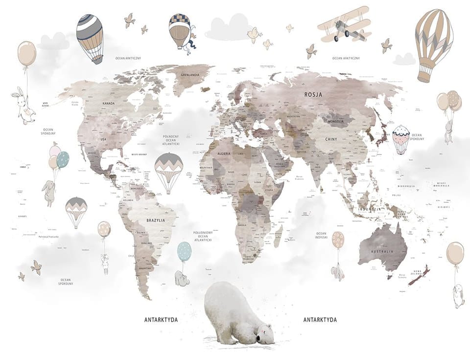 Fototapeta Mapa świata z balonami i zwierzętami na wymiar