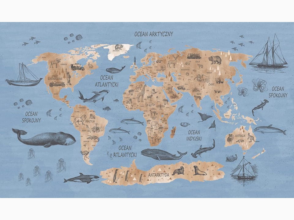 Fototapeta Mapa świata dla dzieci z rysunkami zwierząt na wymiar