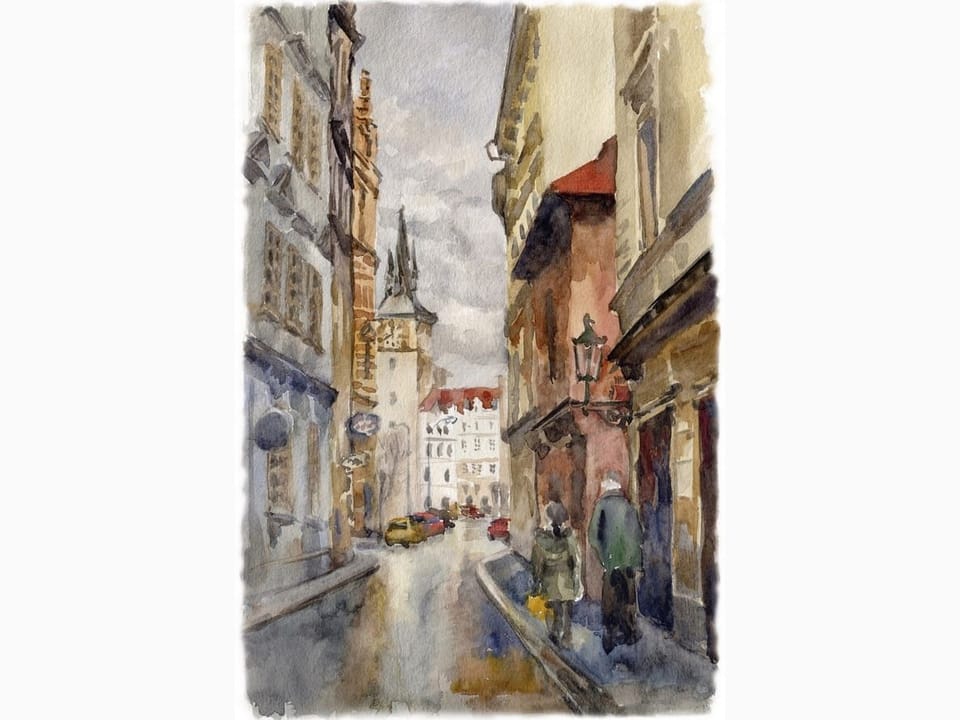 Fototapeta Ulica z kamienicami i wieżą