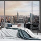 Miniatura fototapety Panorama miasta przez okno we wnętrzu sypialni