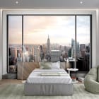 Miniatura fototapety Panorama miasta przez okno we wnętrzu pokoju nastolatka