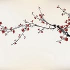 Miniatura fototapety Gałąź sakury z czerwonymi kwiatami