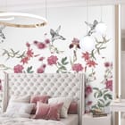 Miniatura fototapety Kwiaty i kolibry na białym tle we wnętrzu sypialni