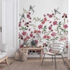 Miniatura fototapety Kwiaty i kolibry na białym tle we wnętrzu salonu