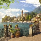 Miniatura fototapety Promenada nad jeziorem z kwiatami