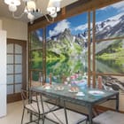 Miniatura fototapety Widok na górskie jezioro przez okno we wnętrzu kuchni