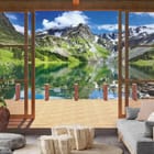 Miniatura fototapety Widok na górskie jezioro przez okno we wnętrzu salonu