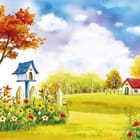 Miniatura fototapety Kolorowe drzewo i domek z czerwonym dachem