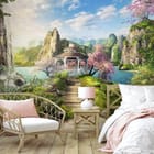 Miniatura fototapety Altana z wodospadem i górami we wnętrzu sypialni