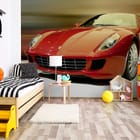 Miniatura fototapety Czerwony sportowy samochód we wnętrzu pokoju dziecka