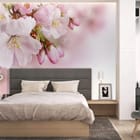 Miniatura fototapety Gałązka kwitnącej wiśni Sakura we wnętrzu sypialni