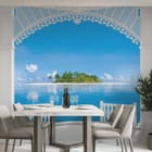 Miniatura fototapety Widok na tropikalną wyspę z tarasu we wnętrzu kuchni