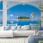 Miniatura fototapety Widok na tropikalną wyspę z tarasu we wnętrzu salonu