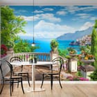 Miniatura fototapety Widok na morze z tarasu we wnętrzu kuchni