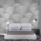 Miniatura fototapety Wzór wachlarzy w odcieniach szarości we wnętrzu sypialni