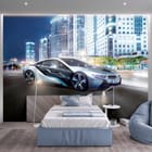 Miniatura fototapety Nowoczesny samochód w miejskiej scenerii we wnętrzu pokoju nastolatka