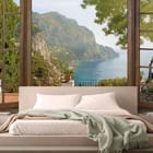 Miniatura fototapety Widok na morze przez okno we wnętrzu sypialni