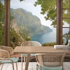 Miniatura fototapety Widok na morze przez okno we wnętrzu kuchni