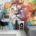 Miniatura fototapety Lew na tle ceglanej ściany we wnętrzu pokoju nastolatka