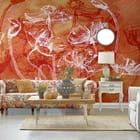 Miniatura fototapety Białe kontury maków na czerwonym tle we wnętrzu salonu