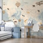 Miniatura fototapety Mapa świata z ilustracjami zwierząt we wnętrzu pokoju nastolatka