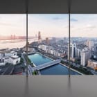 Miniatura fototapety Panorama miasta z rzeką i mostem