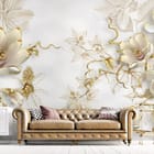 Miniatura fototapety Kwiaty magnolii na złotych gałęziach we wnętrzu salonu