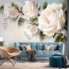 Miniatura fototapety Białe róże z zielonymi liśćmi we wnętrzu salonu