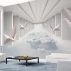 Miniatura fototapety Papierowe żurawie w białym tunelu we wnętrzu salonu