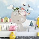 Miniatura fototapety Kot z kwiatami na tle nieba we wnętrzu pokoju dziecka