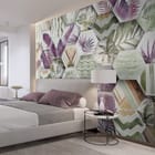 Miniatura fototapety Heksagonalne płytki z liśćmi we wnętrzu sypialni