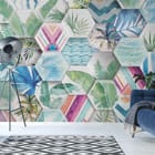 Miniatura fototapety Heksagonalne wzory z liśćmi palmowymi we wnętrzu salonu