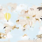 Miniatura fototapety Mapa świata z samolotami i zwierzętami