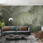Miniatura fototapety Tropikalne Liście na Zielonym Tle we wnętrzu salonu