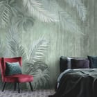 Miniatura fototapety Tropikalne Liście na Delikatnym Tle we wnętrzu sypialni