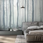 Miniatura fototapety Wysokie drzewa w lesie z mgłą we wnętrzu sypialni